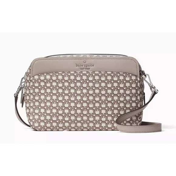 KATE SPADE // ltd ed tan cream link print saffiano zip top crossbody camera bag - Picture 1 of 11